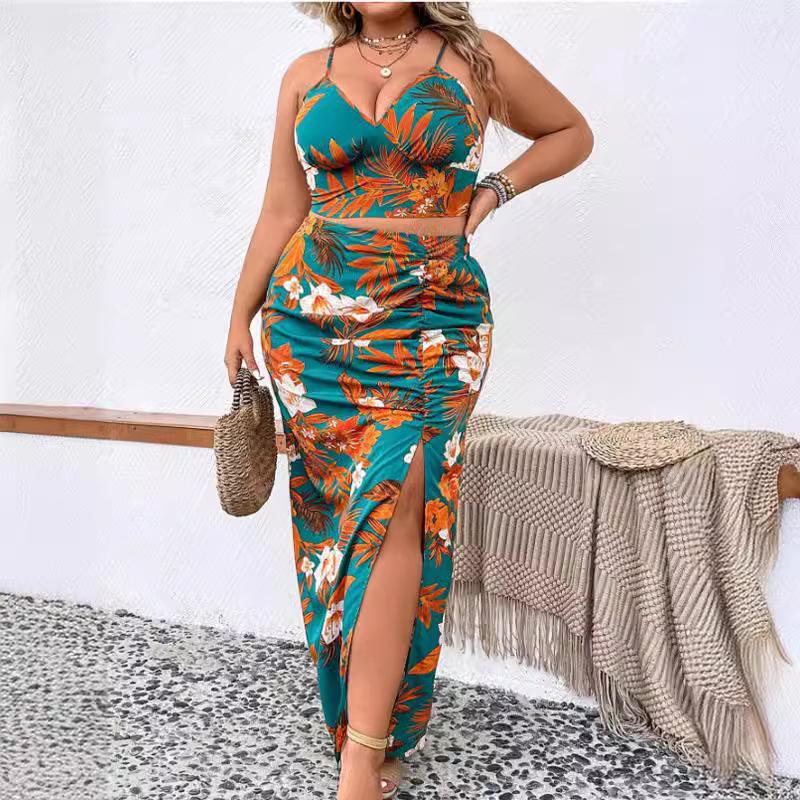 Women's Plus Size Floral Print Camisole Top Skirt Suit V-Neck Sexy Pleated Split Skirt Suit
