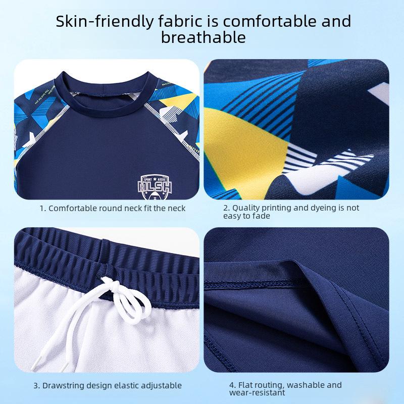 Новые детские купальники: Раздельные купальники для малышей, легкая пляжная одежда с короткими рукавами, купальники для мальчиков и плавки для детей крупного и среднего возраста