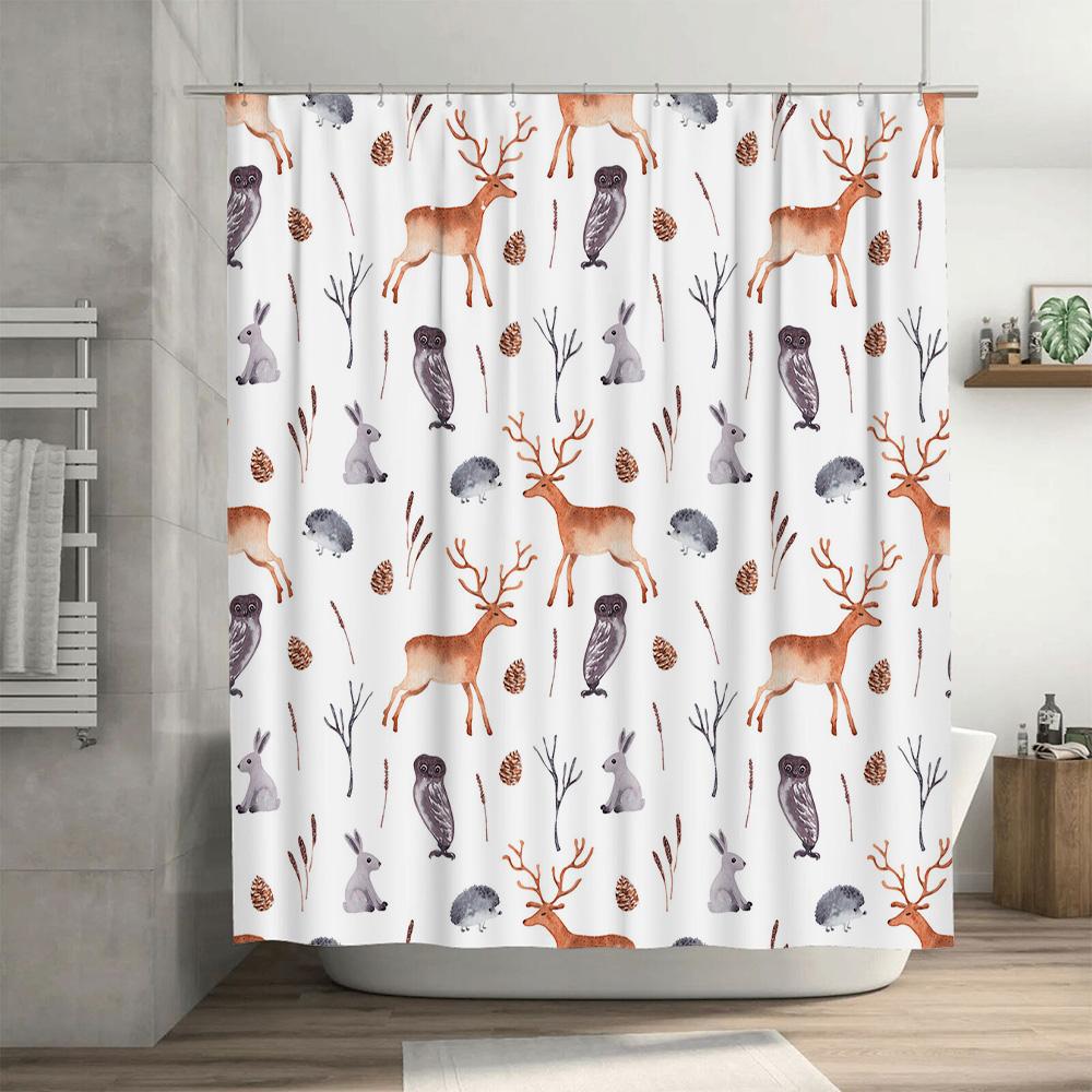 Animal-themed waterproof shower curtain decor featuring deer and owls in pastel colors for bathroom use available on