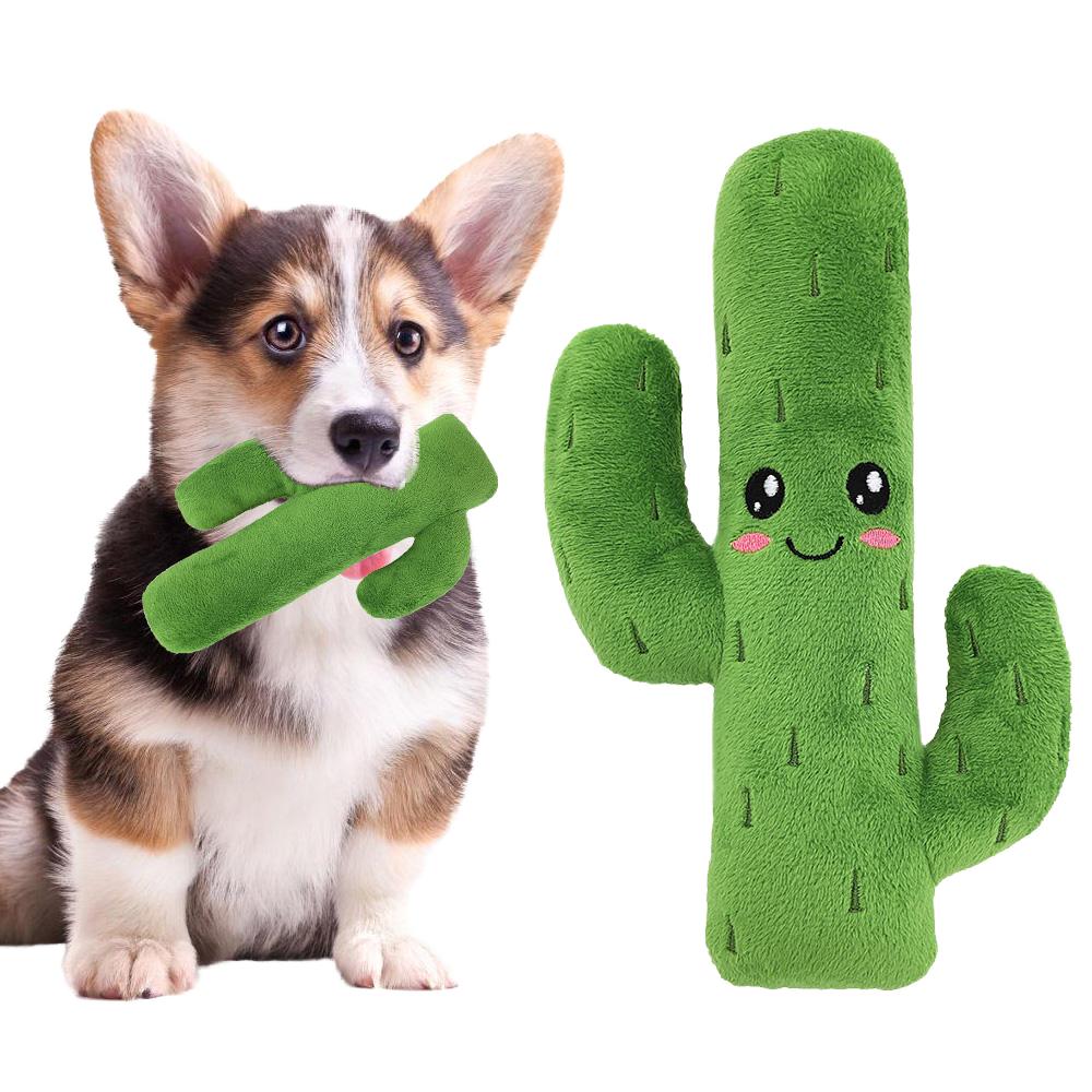 High Quality Interactive Green Cactus Pet Chew Toy Plush Dog Toy in Cartoon Green Cactus Shape Woodfield