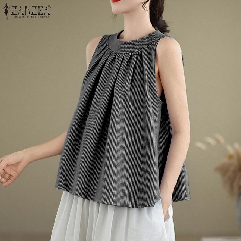 ZANZEA Женские повседневные летние майки без рукавов в полоску с круглым вырезом