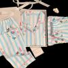 Summer Cloud Cotton Three-Piece Set Blue Striped Cute Cartoon Print Fresh Pajamas Short Sleeves