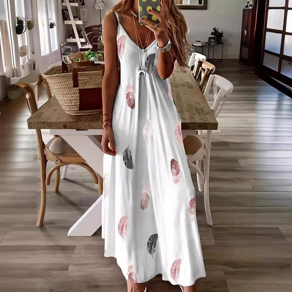 Женское летнее платье на подтяжках в стиле ретро с перьями контрастного цвета, свободный ворот без рукавов, в стиле бохо, юбка А-силуэта длиной до щиколотки для отдыха