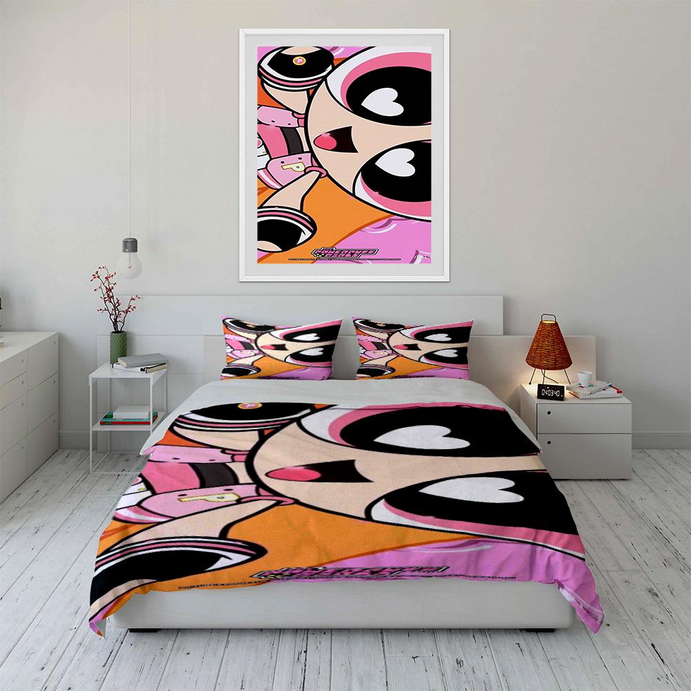 Powerpuff Girls Cartoon Print Bedding Set Bedding set (1 duvet cover, 2 pillowcases, duvet not included)