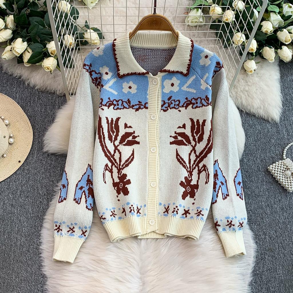 Autumn Winter Women Vintage Tulip Jacquard Knitted Sweater Two Piece Set Single Breasted Cardigans and Mini Pleated Skirt Outfits