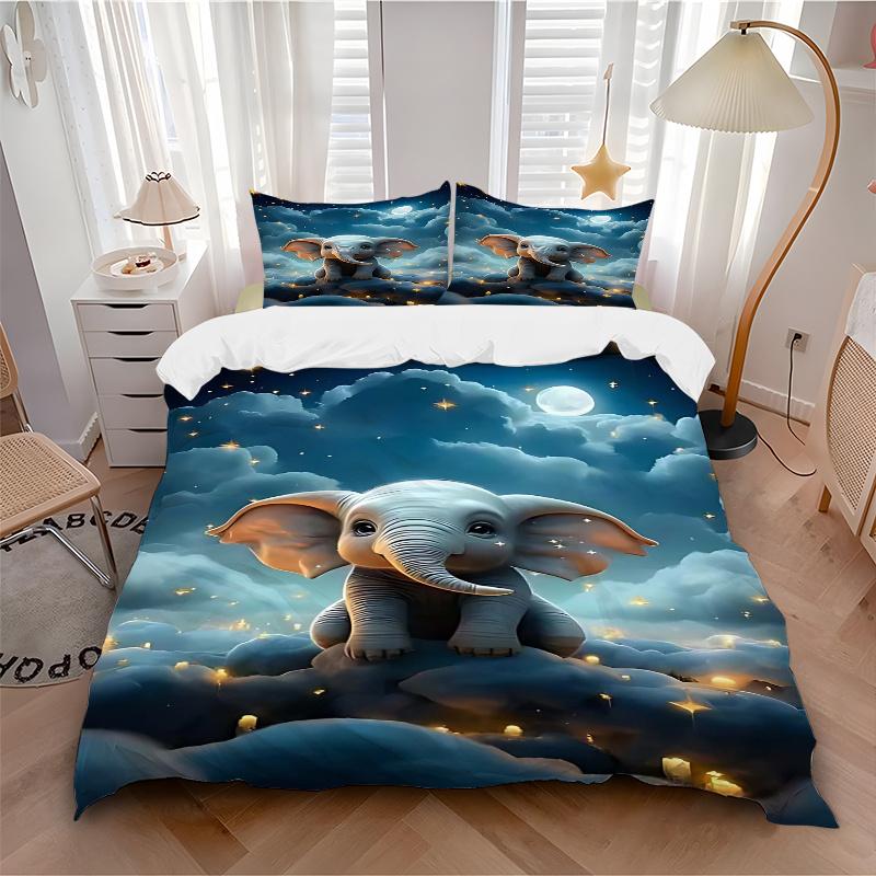 3pcs Anime Elephant Cloud Night Sky Comforter Set with One Quilt Cover and Two Pillowcases (No Core) - Festive Gift for Bedroom Decor, Polyester Fabri