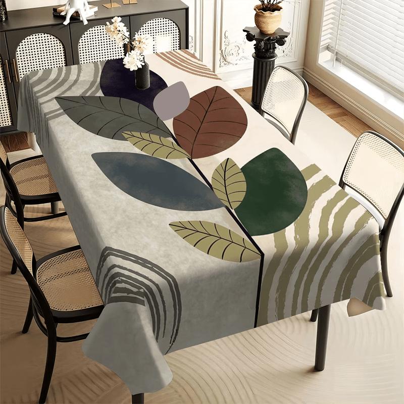1pc 2D Flat Print, Morandi Autumn Leaf Tablecloth, Painted with Large Autumn Leaves And Stripes in Morandi Brown, Green, And Gray, Rectangular, Polyes