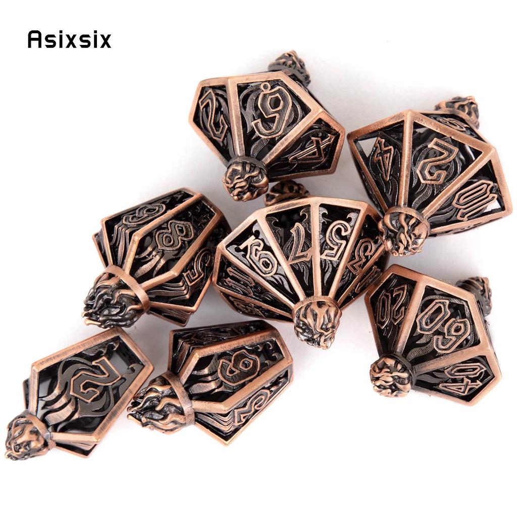 7 Pcs Copper Flame Metal Dice Hollow Metal Polyhedral Dice Set Suitable for Role-Playing RPG Board Game Card Game