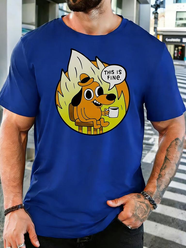 Unisexs Red Crew Neck Tee Classic This Is Fine Meme Dog Flame Background Print Loose Summer Street Casual Short Sleeve Basic Top