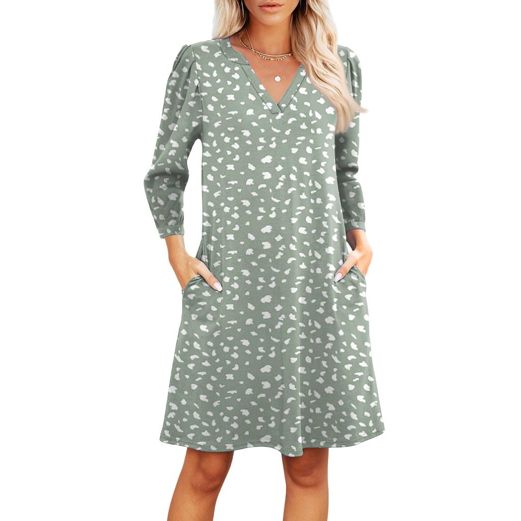 Женское модное платье с V-образным вырезом, повседневное пляжное платье с рукавами три четверти и цветочным принтом