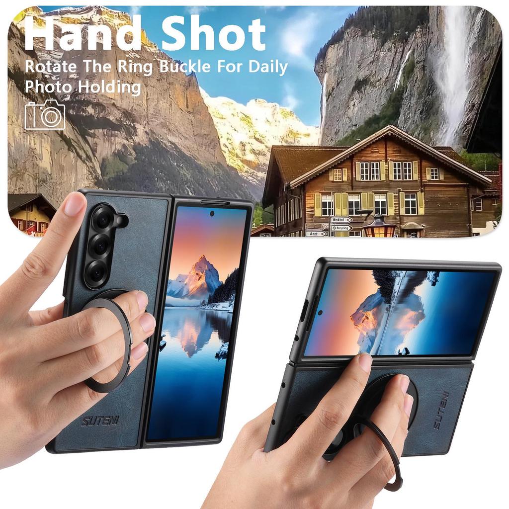 Кожаный чехол с магнитной беспроводной зарядкой для Samsung Z Fold 7/6/5 с вращающейся на 360° подставкой-кольцом