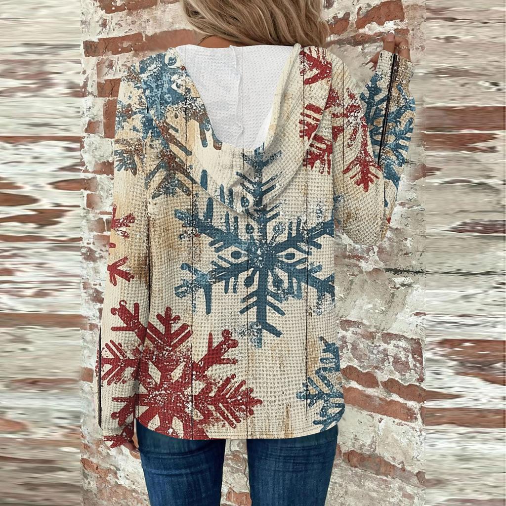 Женская мода с длинным рукавом, завязками на шнурке, капюшоном, пуговицами, V-образным вырезом, повседневная толстовка с капюшоном и рождественским принтом