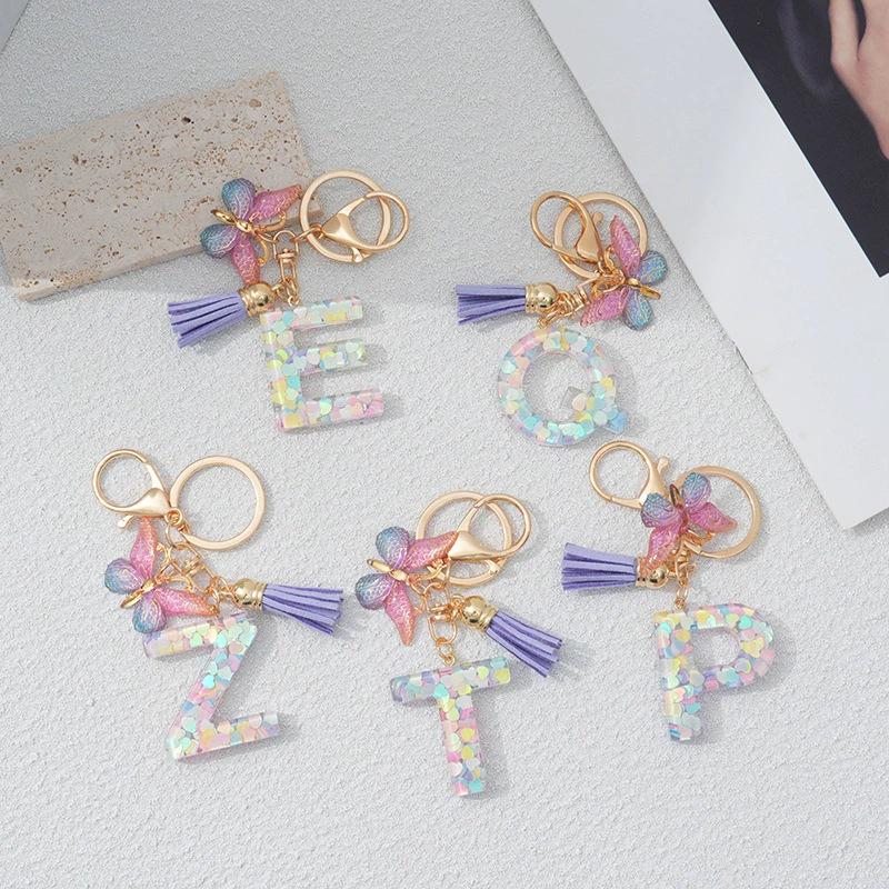 Брелок для ключей в форме сердца и буквы с бабочкой и кисточкой, шарм для сумки