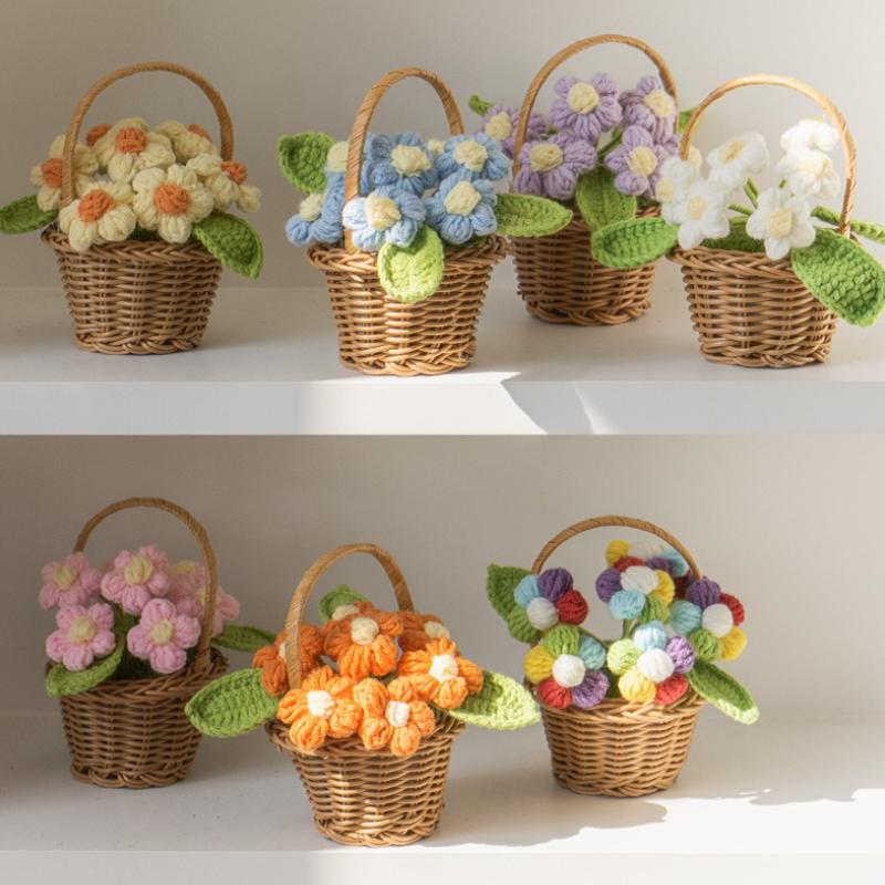 1Pc Small Blue Flower Potted Handmade Wool Crocheted Puff Desktop Decoration Ornaments