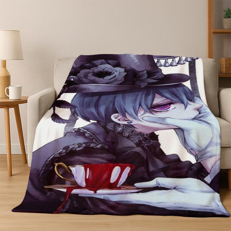 Cartoon Black Butler Anime Flannel Blanket Soft Warm Blanket Throw Blanket for Bedroom Living Room Bed Travel Picnic Gift