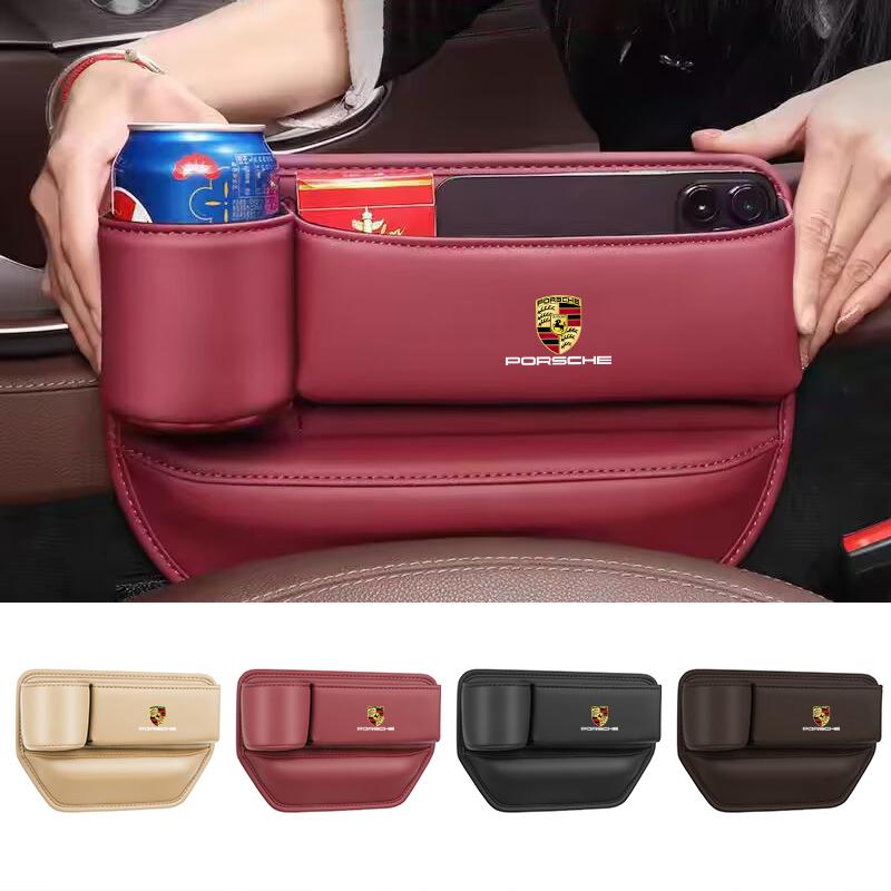 Leather Car Seat Gap Storage Box Water Cup Phone Brace Auto Accessories For Porsche Cayenne Panamera Macan 911 718 Taycan Cayman