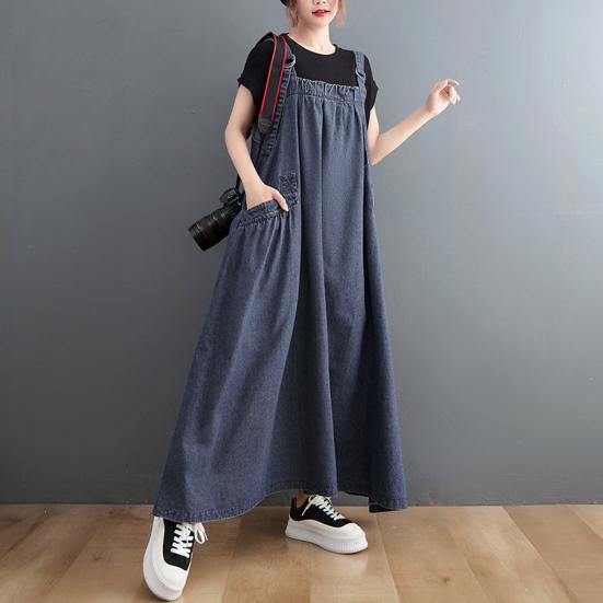 Yousheng Women's Denim Overall Dress Loose Sleeveless Boho Jean Jumper Dress with Pockets Wide Hem Pinafore Dress with Adjustable Strap