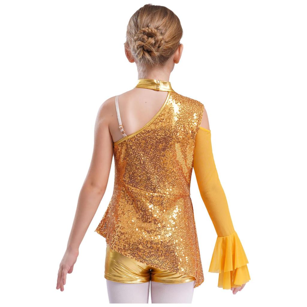 Девочки Пеплум Купальник Танцевальный Костюм Асимметричный Дизайн с Открытым Плечом с Прозрачными Сетчатыми Рукавами-Воланами Боди