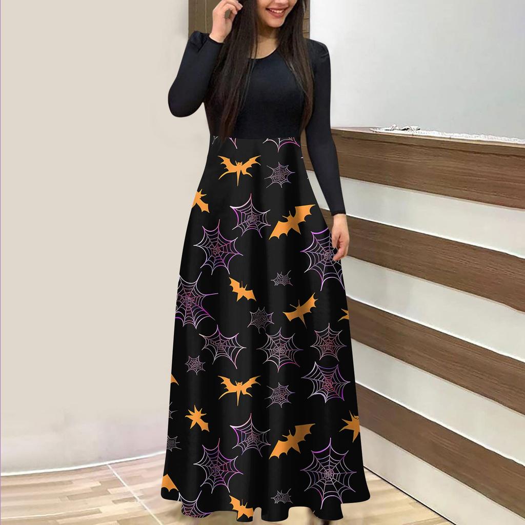 Женское модное повседневное платье макси с круглым вырезом и длинными рукавами