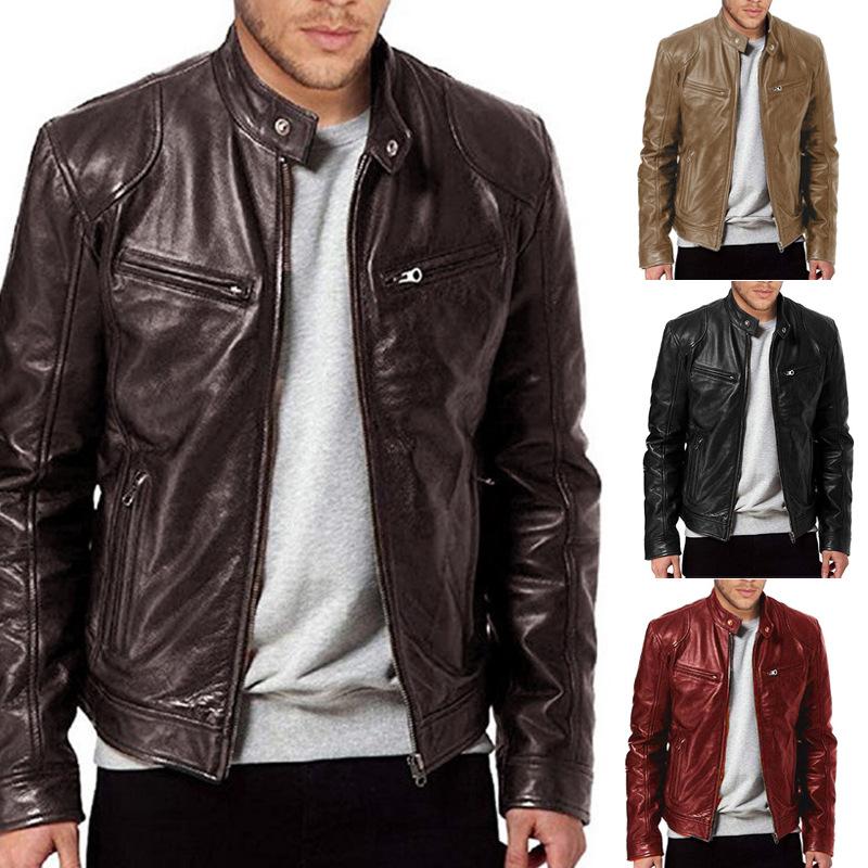 Winter Business Gentleman Zip Cardigan Pocket Decorative PU Leather Jacket Stand-Up Collar Slim Leather Jacket Jacket