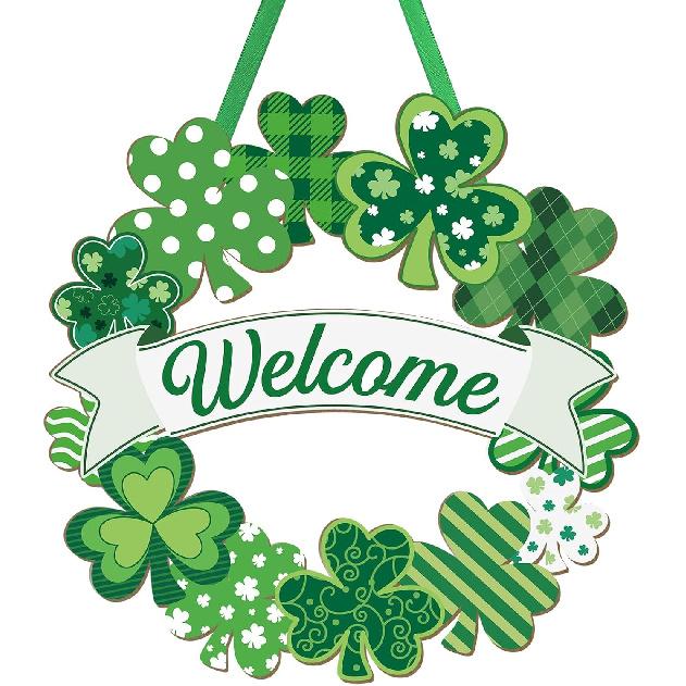 Wooden St. Patrick's Day Decoration Shamrock Door Wreath for Front Door Sign Wall Signs Shamrock Clover Spring Decoration, Irish Sign Welcome Hanging