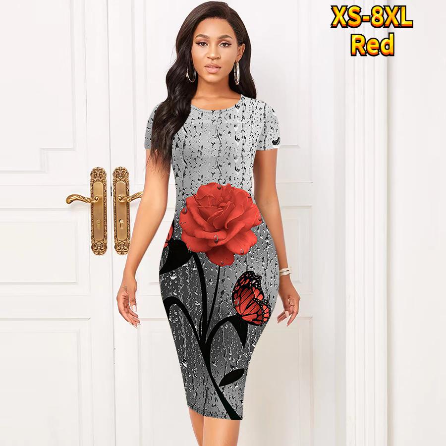 Тонкое платье длиной до колена с коротким рукавом, модное женское платье миди с 3D принтом розы