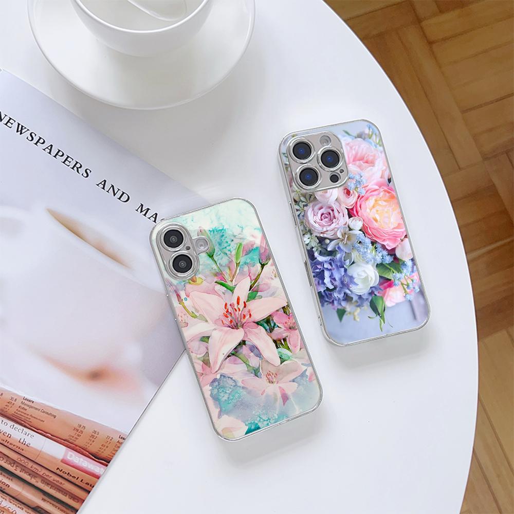 N164 Flower Peony Vase Phone Case for iPhone 16 15 Pro Max Samsung S24 S23 Ultra A54 A35 A25 Xiaomi Redmi Note 13 12 Plated Frame Tempered Glass Cover