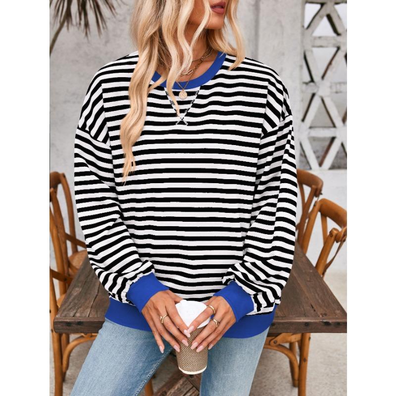 Simple Home Leisure New, Striped Pattern Round Neck Trend Long Sleeve, Pullover Color T-shirt