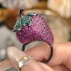 Adjustable Cute Strawberry Shaped Ring Vivid Pink with Green Accents Embellished with Sparkling Zirconia Women Fashion Jewelry