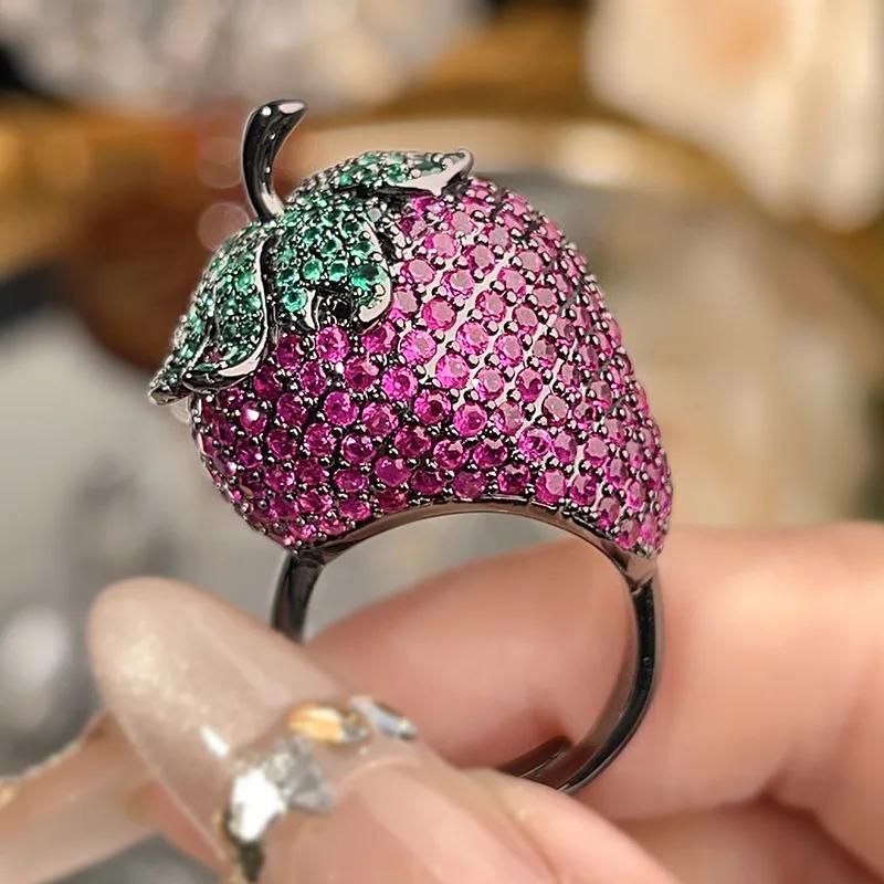 Adjustable Cute Strawberry Shaped Ring Vivid Pink with Green Accents Embellished with Sparkling Zirconia Women Fashion Jewelry