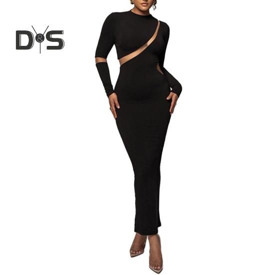 Женское платье из прозрачной сетки в стиле пэчворк, облегающее платье с разрезом, длинным рукавом, круглым вырезом, однотонное эластичное, с вырезом, длиной до щиколотки, вечернее, выпускное, макси-платье