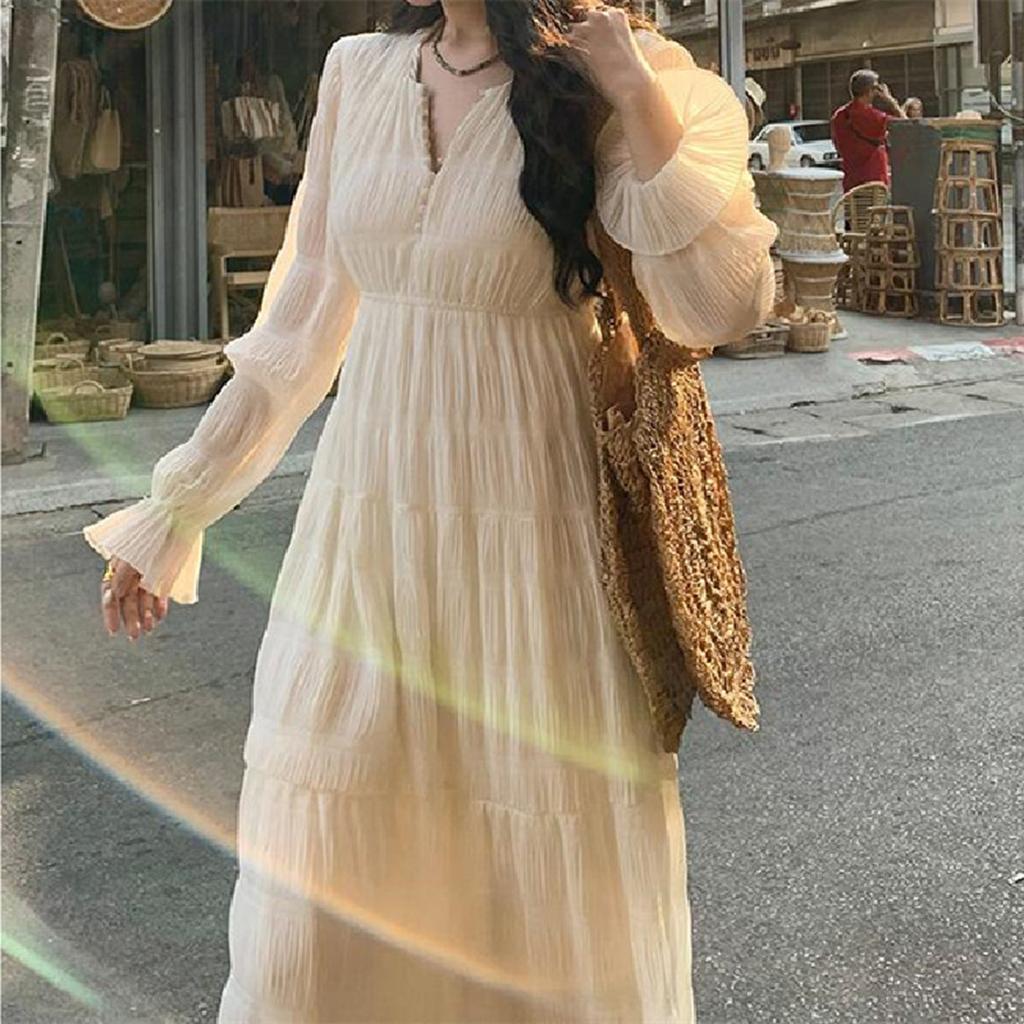 Женское модное платье с v-образным вырезом и длинными рукавами, темперамент, длинная юбка с высокой талией