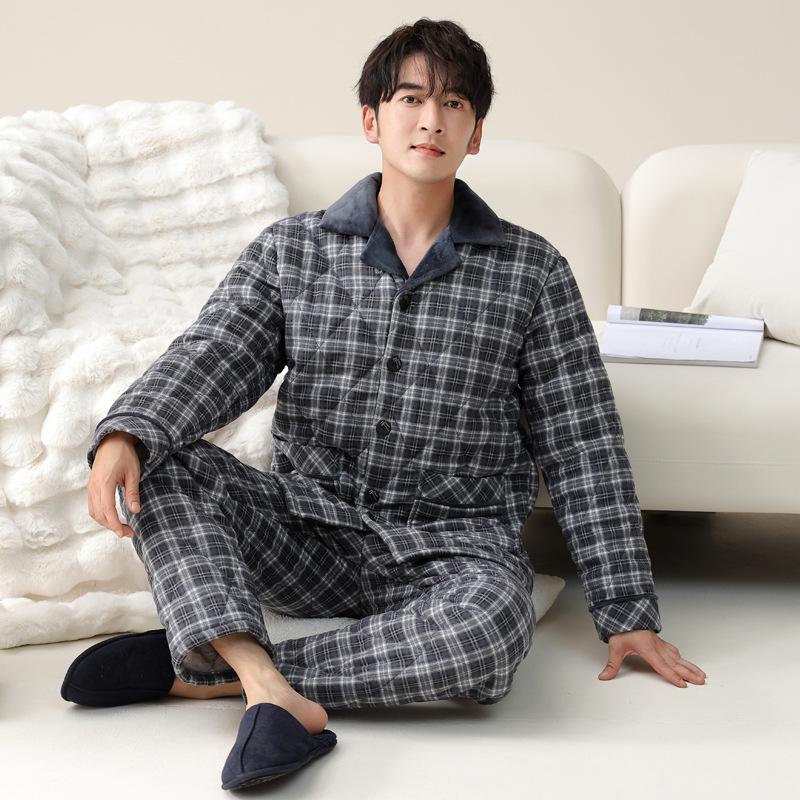 Pajamas Men'S Winter Three-Layer Pure Cotton Padded Thickened Fleece Warm Winter Coral Fleece Large Size Loungewear Set
