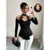 Women's Floral Lace Embroidered Cold Shoulder Elegant Tops Long Sleeve Dressy Casual Peplum Shirts