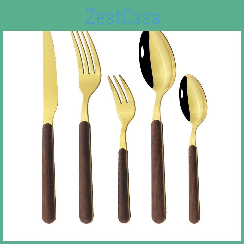 Набор столовых приборов Western Stainless из 5 предметов, сталь, с деревянными ручками, столовая посуда, кухонные приборы, серебро