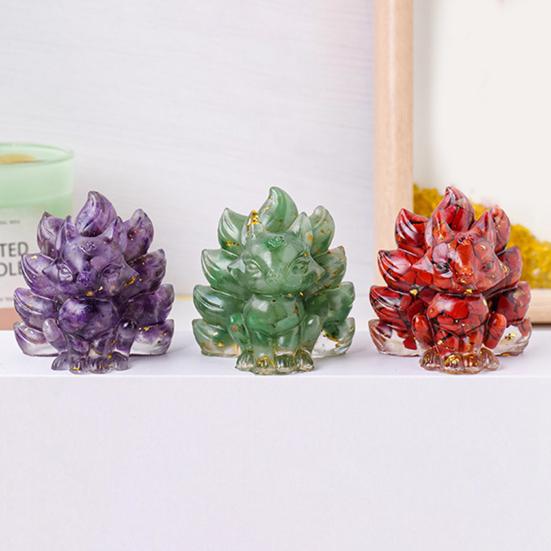 Статуэтка из натурального камня в виде девятихвостой лисы, позитивная целебная энергия, вырезанная вручную из цветного искусственного кристалла, сидящая статуя животного для домашнего офиса и рабочего стола