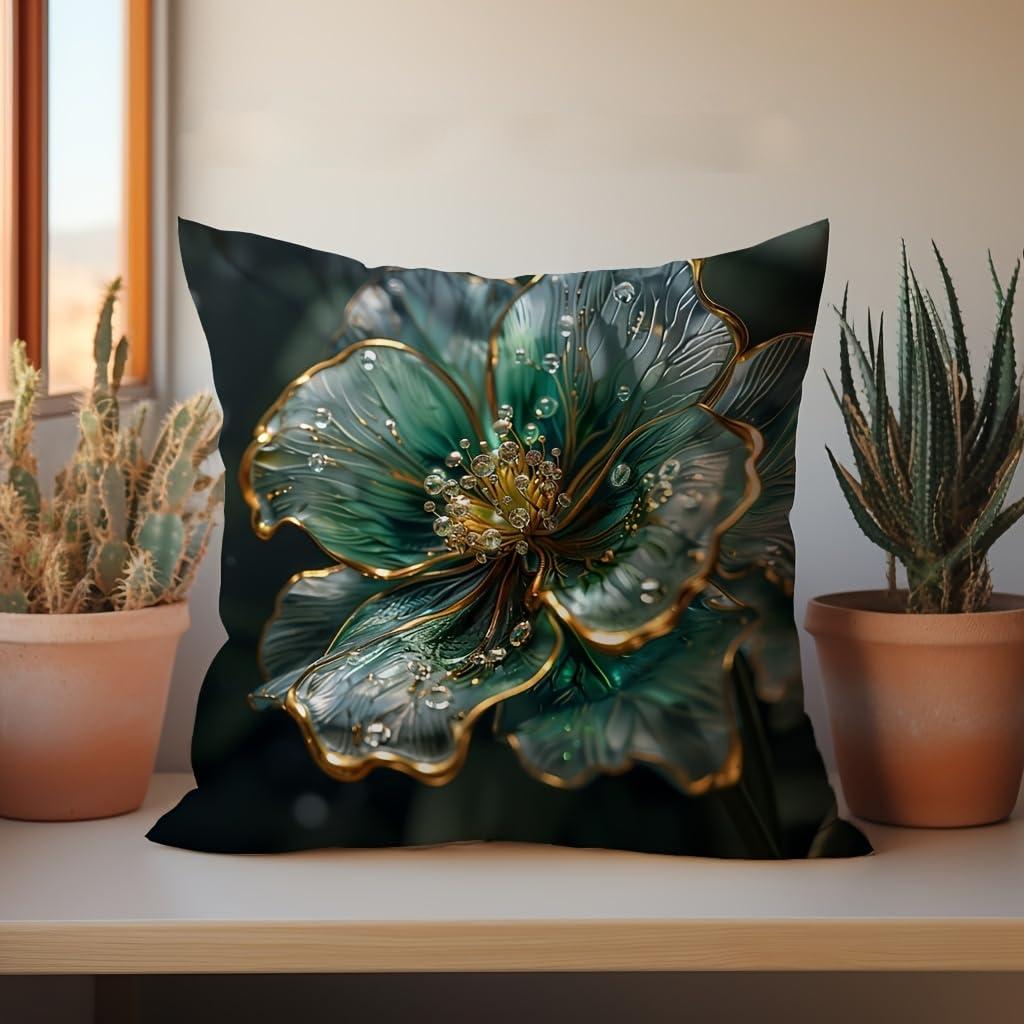 Emerald Green Gold Floral Pillow Cover Luxury Crystal Print Elegant Botanical Cushion Case For Sofa Bed Couch Glam Modern Home