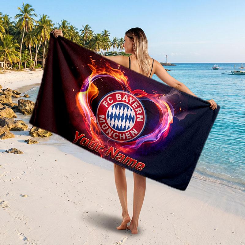 Bayern Munich Custom Beach Towel, Personalized Name Text Print, Football Logo Soft Quick‑Dry Towel Holiday Gift