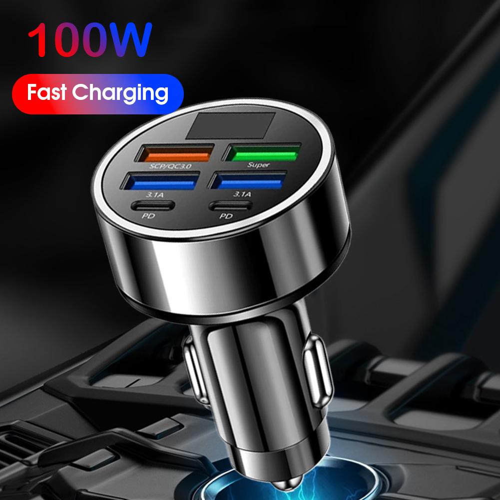 Multifunctional 6 in 1 USB C Car Phone Charger Adapter with Digital Display Dual PD Super Fast Charging