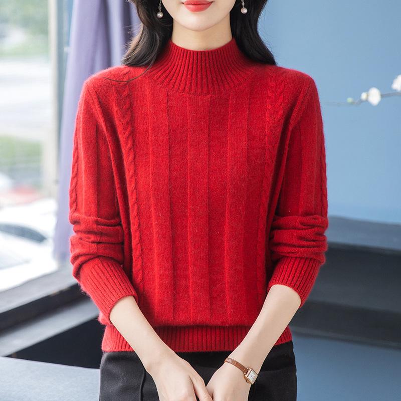 New Fashion Women's Loose Autumn and Winter New Thickened Semi-turtleneck Sweater Twisted Solid Color Knitted Bottoming Shirt