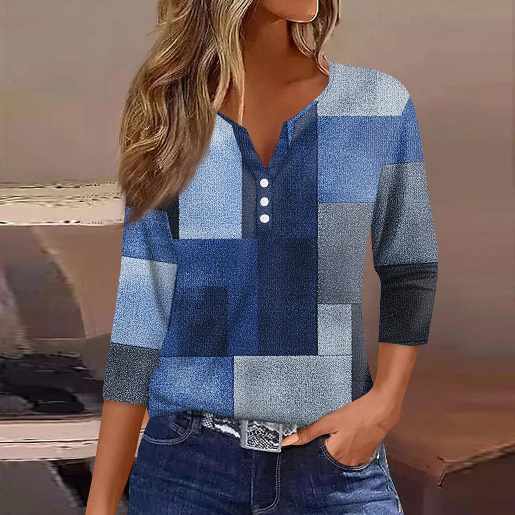 Жен. Футболка Футболка С принтом Пуговицы Рукав 3/4 Повседневные Выходные Мода Классический Классический V-образный вырез Обычный Верх