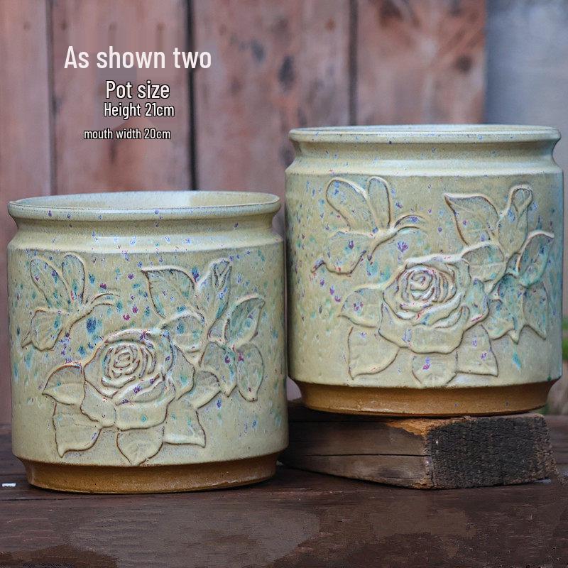 Handmade Embossed Rose Ceramic Pot for Succulents - Tall, Breathable Coarse Pottery Planter