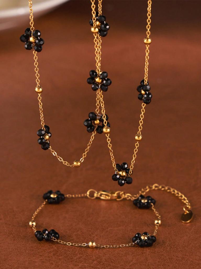 1 Набор Винтажный Британский Стиль Нержавеющая Сталь Циркониевый Набор с Бусинами из Натурального Камня и Цветочным Декором, Женский Циркониевый Подарок