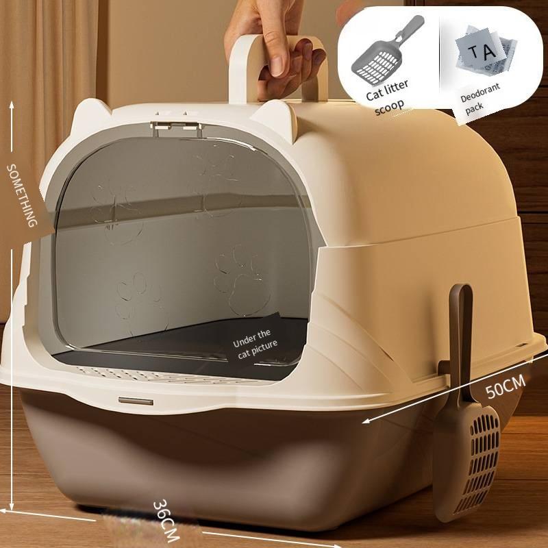 Large fully enclosed cat litter box withopen top for splash prevention Pet-specific toilet with handle Cat litter box deodorizer