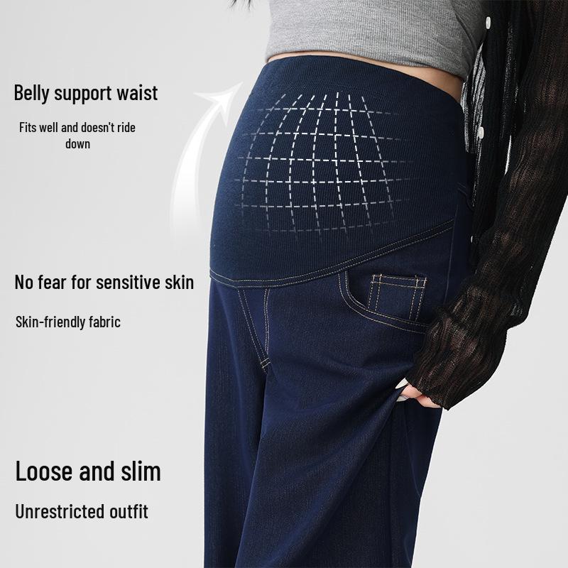 Maternity Dark Blue Wide-Leg Denim Jeans - Colorfast, Casual, Straight-Leg Support Pants for Spring.