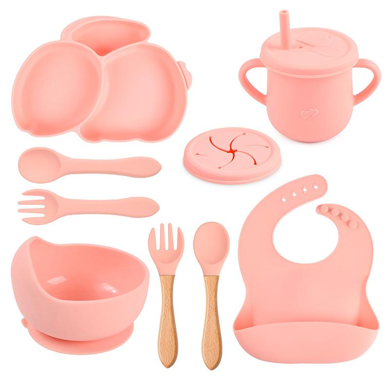 9PCS Rabbit Baby Silicone Tableware Kids Non-slip Sucker Bowl Plate Cup Spoon Fork Sets BPA Free Children's Feeding Dishes Utensils