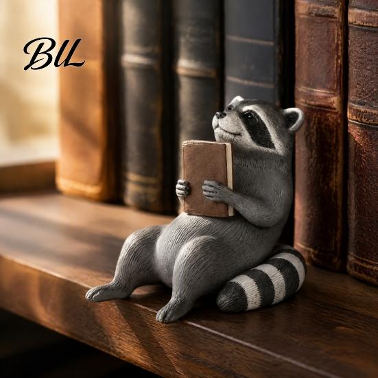 Unique Gift for Book Lovers Reading Raccoon Shelf Sitter, 3D Printed Bookworm Figurine with Vintage Vibe, Realistic Statue Cute Desk Bookshelf Decor,
