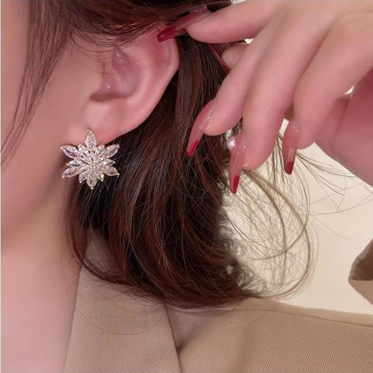 Korean Crystal Flower Earrings: Niche Design, Light Luxury, Versatile Style with S925 Silver Needle for Women.