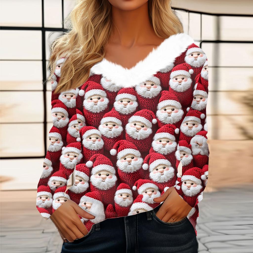 Женский длинный рукав рождественский принт вечеринка плюшевый воротник широкий повседневный V-образный вырез топ