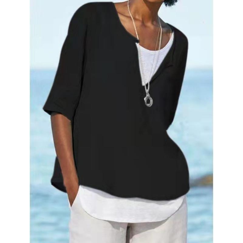 DAFIFY Женские модные повседневные летние весенние однотонные блузки и рубашки с круглым вырезом и рукавами 1/2 с принтом